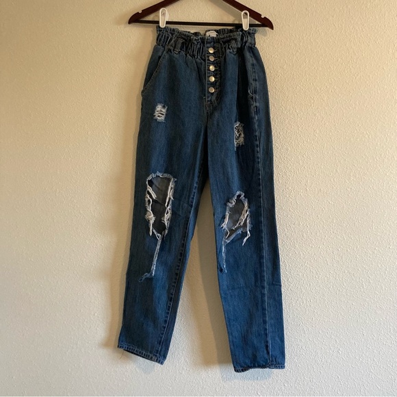 Forever 21 Paper Bag Elastic Waist Medium Wash Button Fly High Rise Mom Jeans - Picture 3 of 12